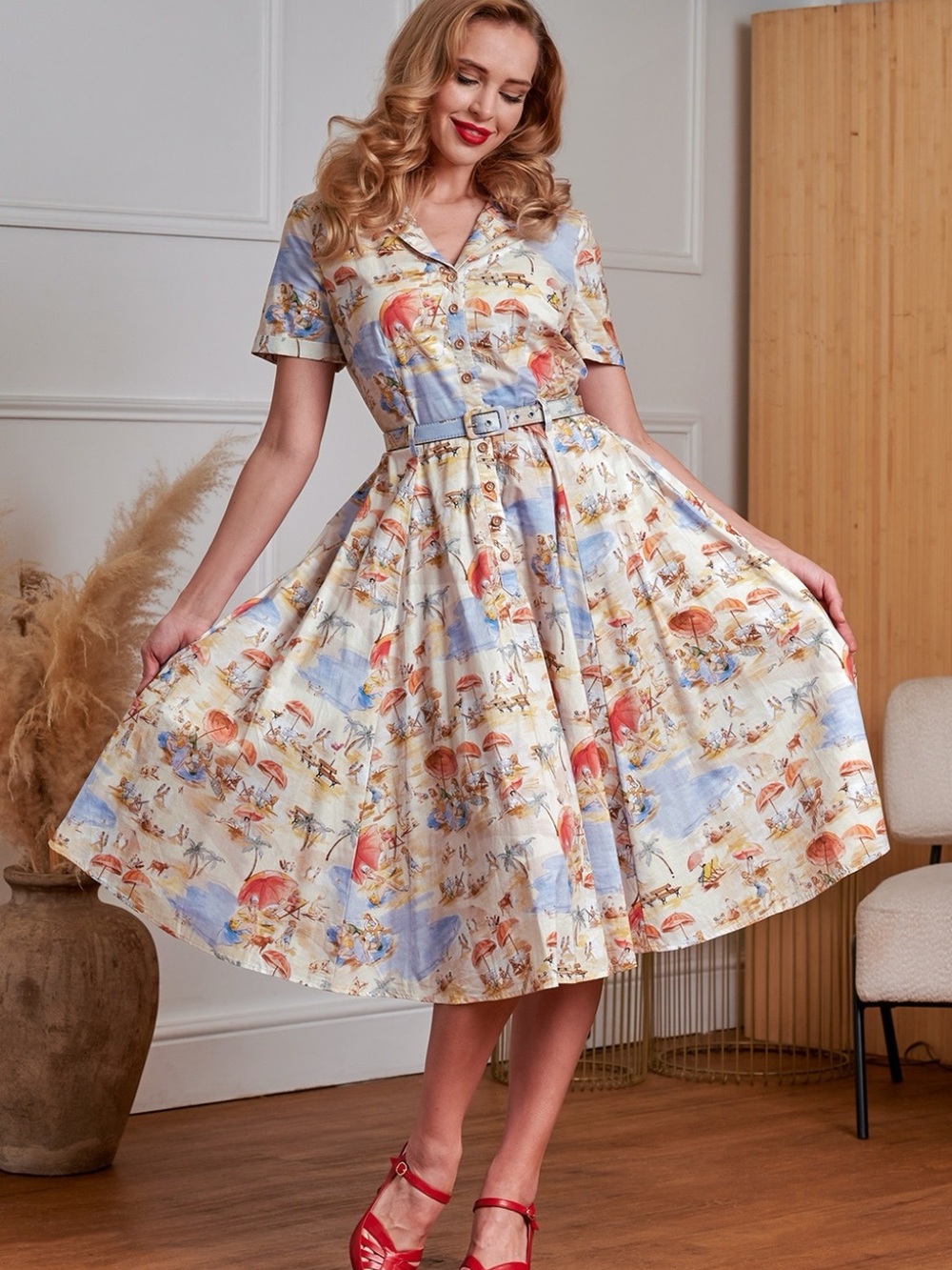 Vintage Beach Scene Midi Dress